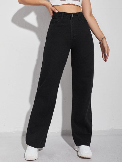 Highwaist Straight Fit Wide Leg Denim In Black