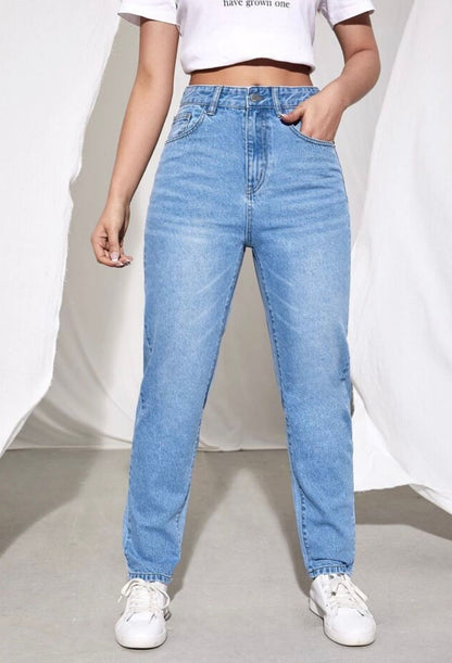 Highwaist Whiskers Mom Fit Denim In Light Blue