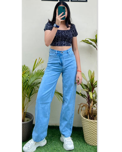 Highwaist Straight Fit Wide Leg Denim In Ice Blue