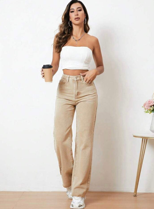 Highwaist Straight Fit Wide Leg Denim In Beige