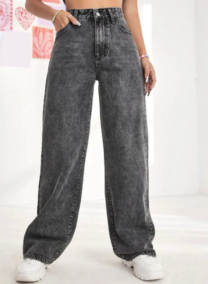 Highwaist Straight Fit Wide Leg Denim In Charcoal Grey
