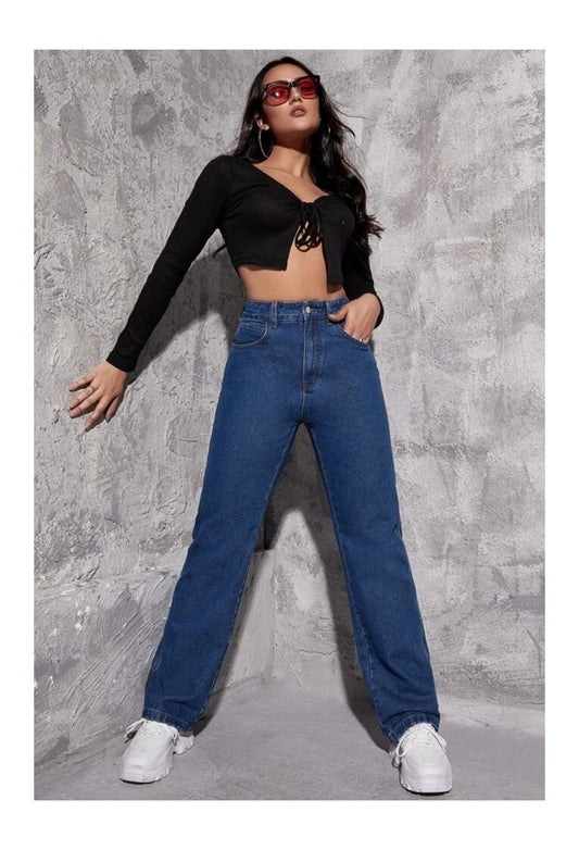 Highwaist Straight Fit Wide Leg Denim In Dark Blue