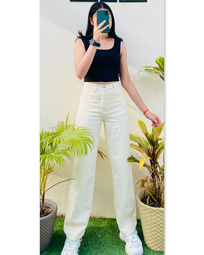 Highwaist Straight Fit Wide Leg Denim In Cream