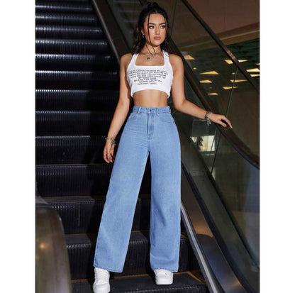 Highwaist Straight Fit Wide Leg Denim In Ice Blue