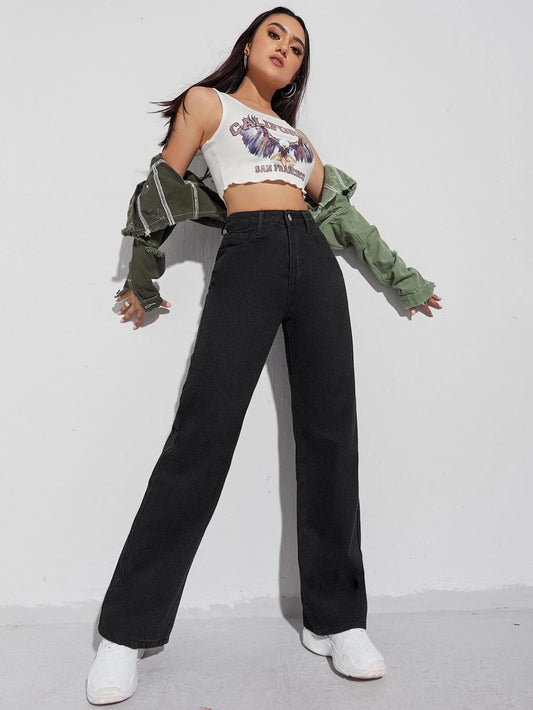 Highwaist Straight Fit Wide Leg Denim In Black