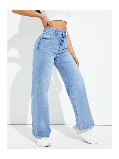 Highwaist Whisker Straight Fit Wide Leg Denim In Light Blue