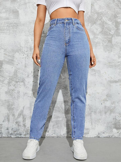 Highwaist Slant Pockets Mom Fit Denim In Mid Blue