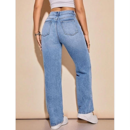 Highwaist Whisker Wash Ball Blast Straight Fit Wide Leg Denim In Light Blue