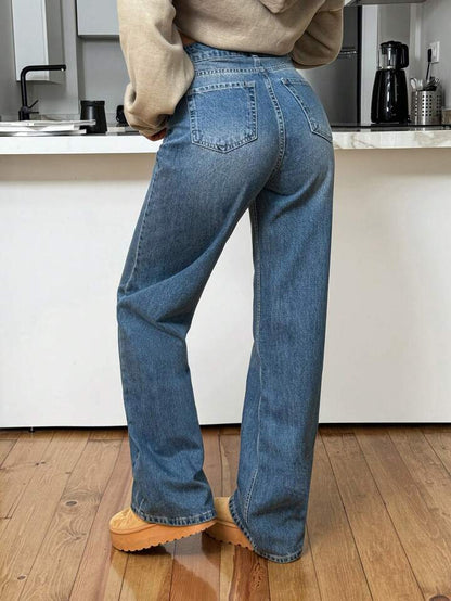 Highwaist Ball Blast Straight Fit Wide Leg Denim Dusty Blue