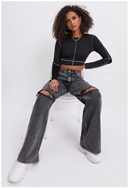 Highwaist Distressed Straight Fit Wide Leg Denim In Charcoal Grey