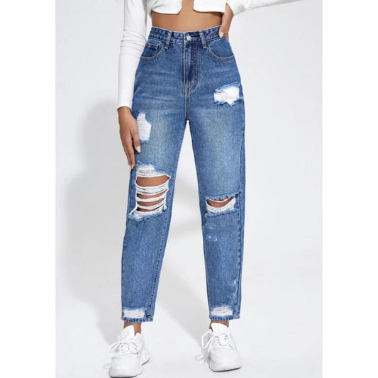 Highwaist Whiskers Mom Fit Distressed Denim In Stone Blue