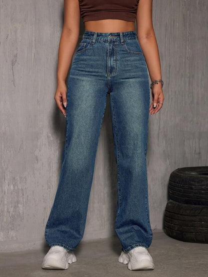 Highwaist Whisker Straight Fit Wide Leg Denim In Ocean Blue
