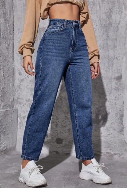 Highwaist Whiskers Mom Fit Denim In Dark Blue
