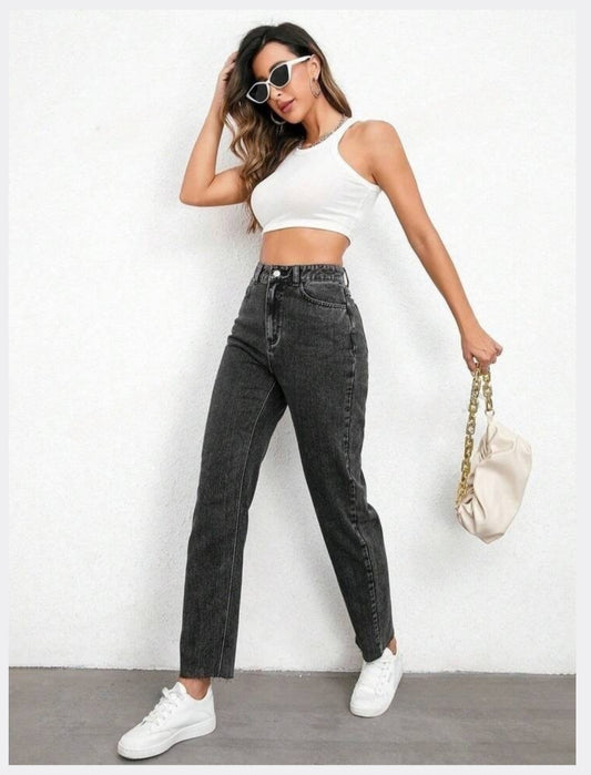 Highwaist Raw Hem Mom Fit Denim In Charcoal Grey