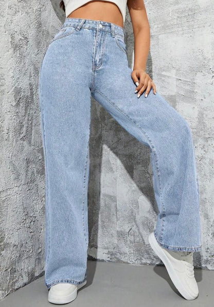 Highwaist Straight Fit Wide Leg Denim In Light Blue