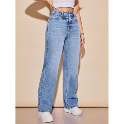 Highwaist Whisker Wash Ball Blast Straight Fit Wide Leg Denim In Light Blue