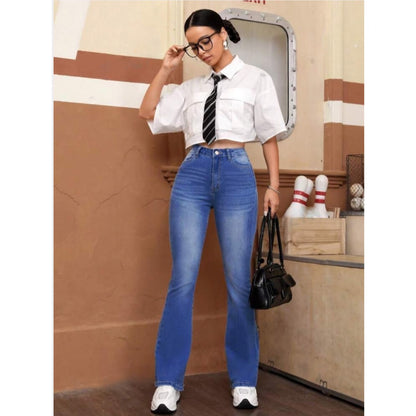 Highwaist Whisker Wash Bellbottom Flared Leg Denim In Medium Wash
