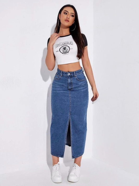 Highwaist Whisker Wash Long Skirt In Dark Blue