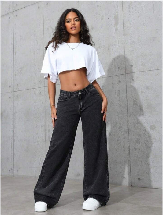 Zara Basics 1975 Long Hem Wide Leg Denim - Carbon Black