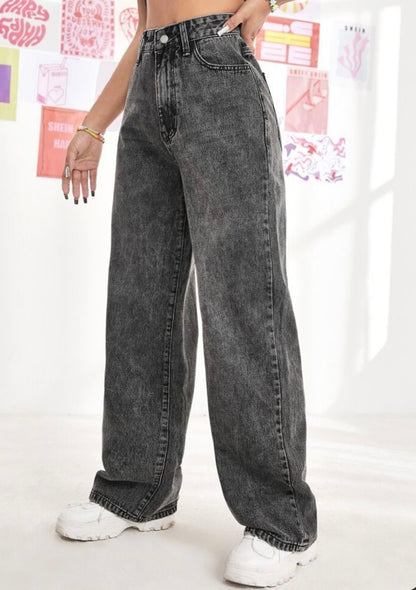 Highwaist Straight Fit Wide Leg Denim In Charcoal Grey