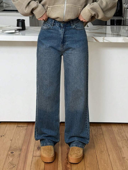 Highwaist Ball Blast Straight Fit Wide Leg Denim Dusty Blue