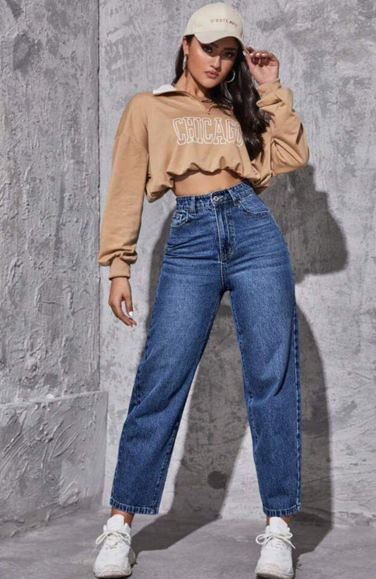 Highwaist Whiskers Mom Fit Denim In Dark Blue