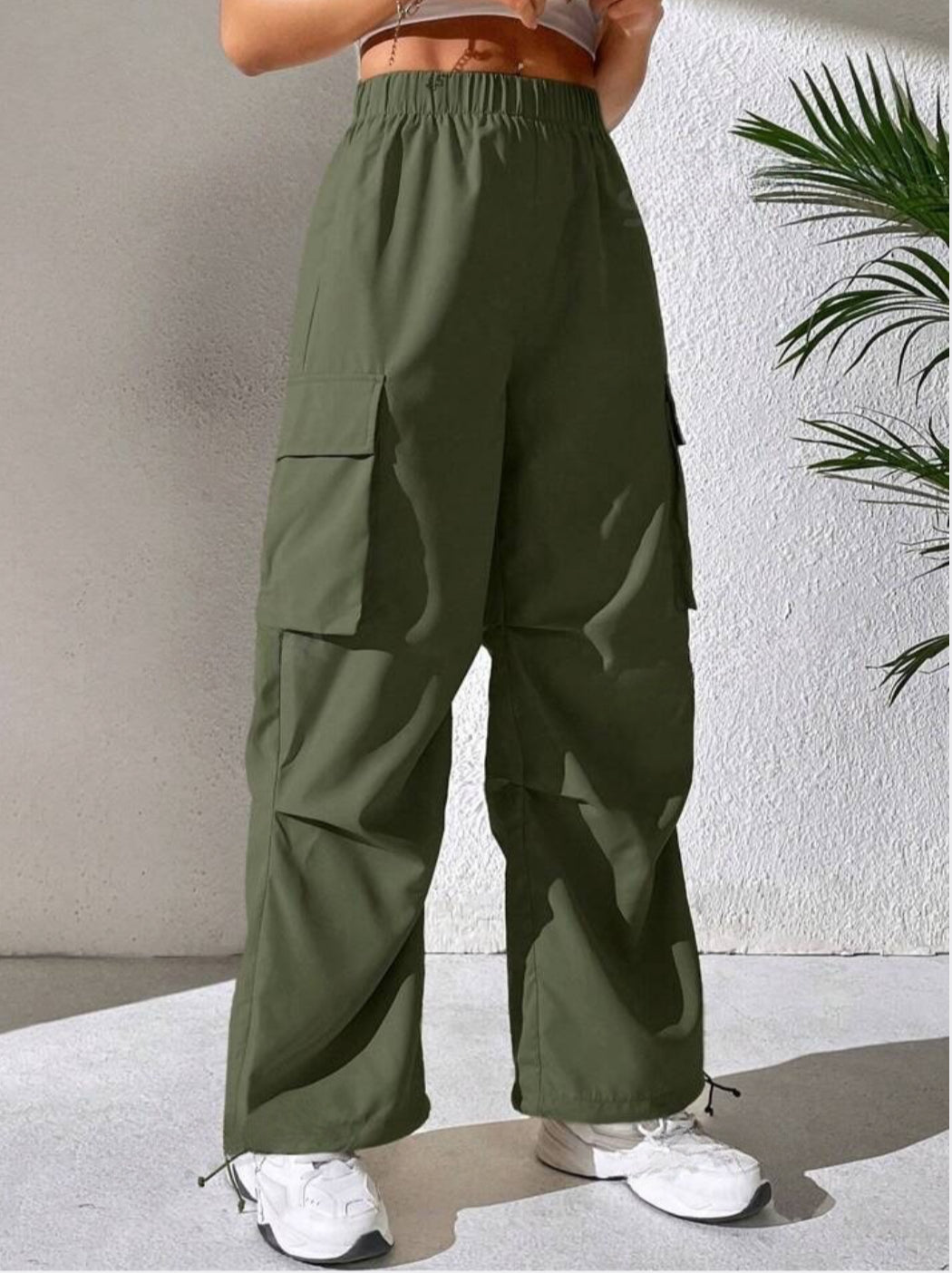 Drawstring Parachute Pants - Olive Green