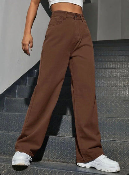Highwaist Straight Fit Wide Leg Denim In Dark Brown