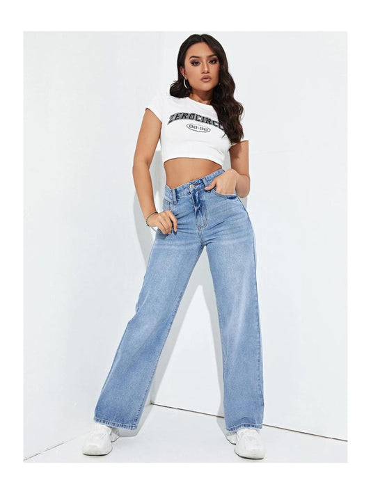 Highwaist Whisker Straight Fit Wide Leg Denim In Light Blue