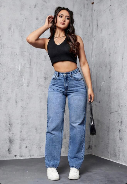 Highwaist Whiskers Straight Fit Wide Leg Denim In Mid Blue