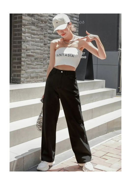 Highwaist Straight Fit Wide Leg Denim In Black