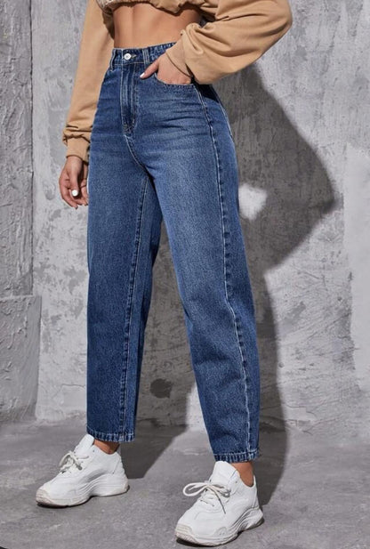 Highwaist Whiskers Mom Fit Denim In Dark Blue