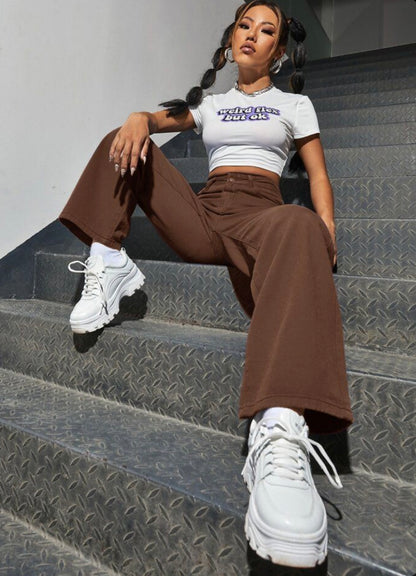 Highwaist Straight Fit Wide Leg Denim In Dark Brown