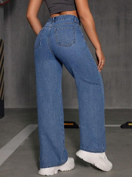 Highwaist Straight Fit Wide Leg Denim In Stone Blue