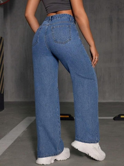 Highwaist Straight Fit Wide Leg Denim In Stone Blue