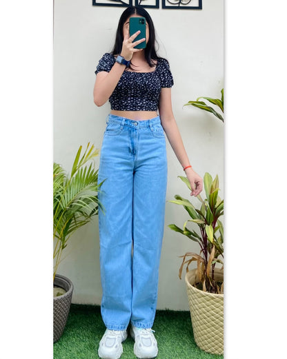 Highwaist Straight Fit Wide Leg Denim In Ice Blue