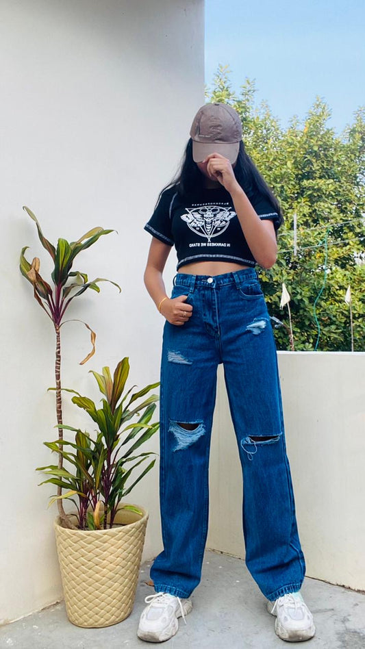 Highwaist Distressed Wide Leg Denim In Dark Blue