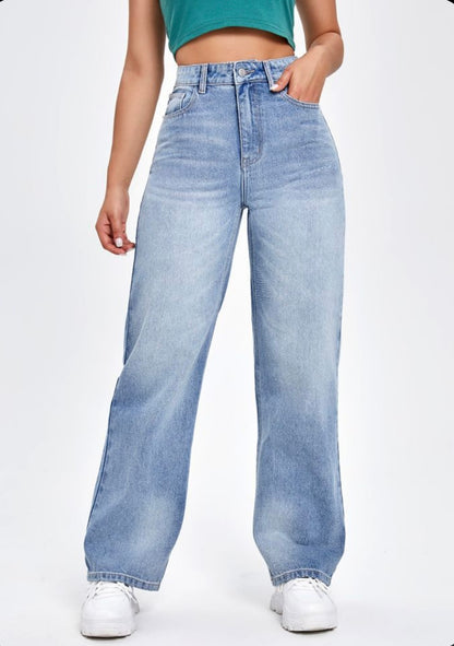 Highwaist Whiskers Straight Fit Wide Leg Denim In Light Blue