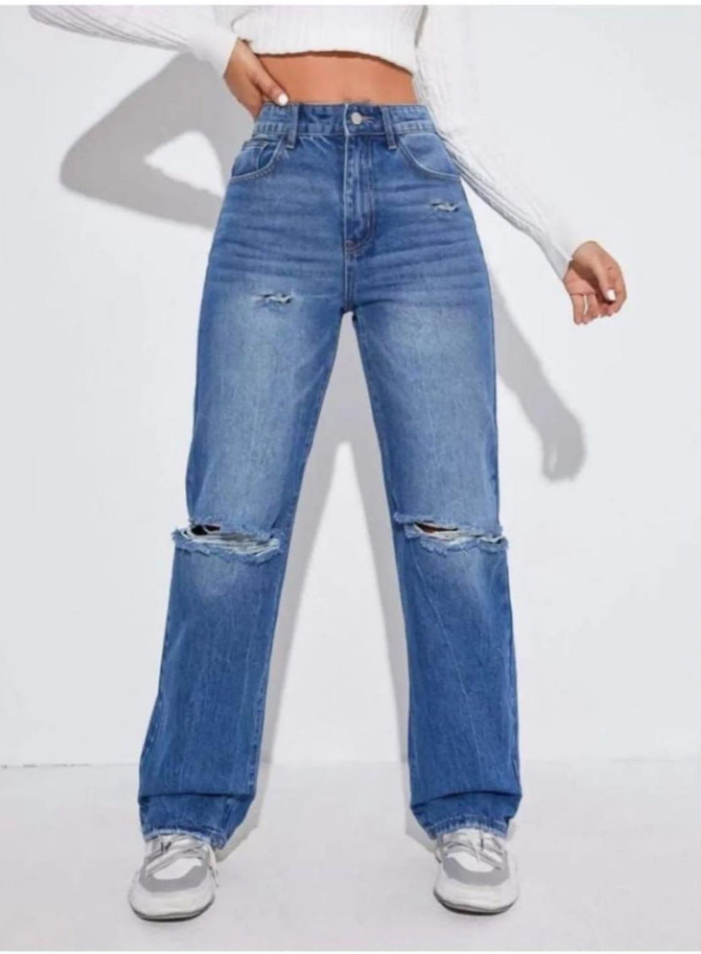 Highwaist Whiskers Distressed Straight Fit Wide Leg Denim In Stone Blue