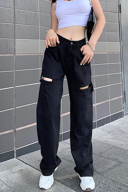 Highwaist Hollow Cut Out Wide Leg Denim In Black