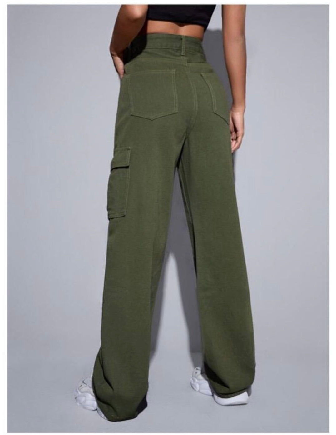 Highwaist Flap Pockets Cargo Style Denim In Green