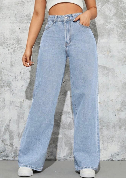 Highwaist Straight Fit Wide Leg Denim In Light Blue