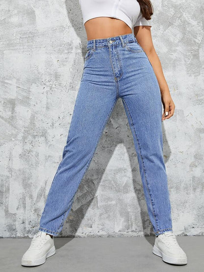 Highwaist Slant Pockets Mom Fit Denim In Mid Blue