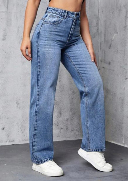 Highwaist Whiskers Straight Fit Wide Leg Denim In Mid Blue