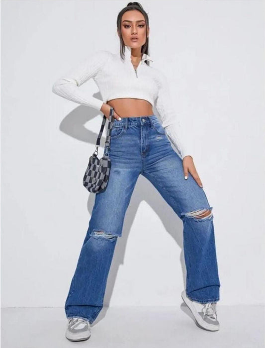 Highwaist Whiskers Distressed Straight Fit Wide Leg Denim In Stone Blue
