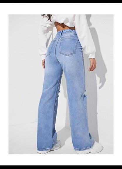 Highwaist Whiskers Distressed Straight Fit Wide Leg Denim In Light Blue