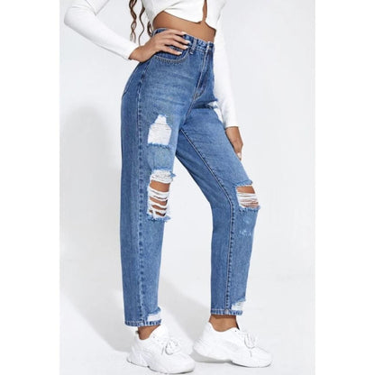 Highwaist Whiskers Mom Fit Distressed Denim In Stone Blue