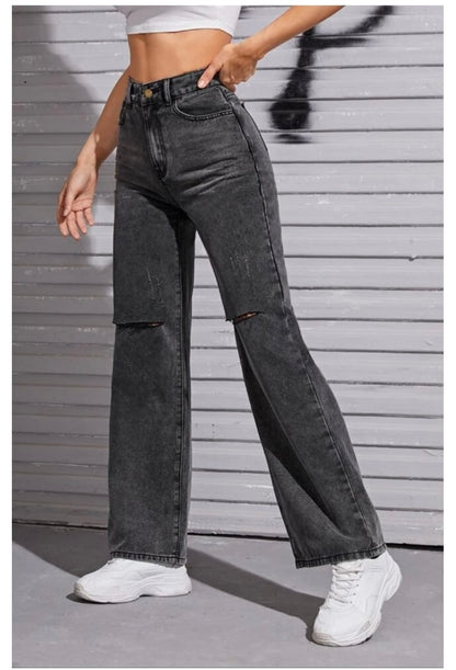Highwaist Distressed Straight Fit Wide Leg Denim In Charcoal Grey