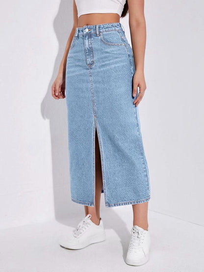 Highwaist Whisker Wash Long Skirt In Light Blue