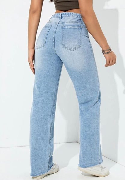Highwaist Cat Whiskers Raw Hem Wide Leg Denim In Light Blue